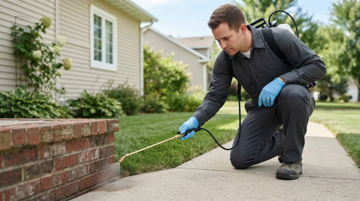 Pest control technician treating a home near Charlestown, IN