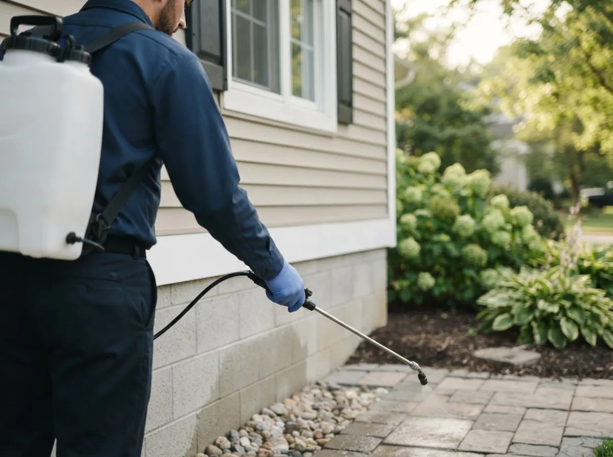 Pest control technician inspecting a home in Charlestown, IN